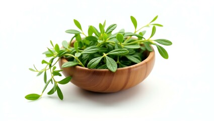 marjoram placed in a rustic wooden bowl, isolated on a pure white background with a precise clipping path