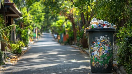 Overstuffed trash can overflowing with refuse sits on tree lined street