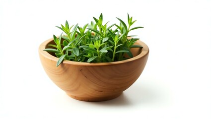 marjoram placed in a rustic wooden bowl, isolated on a pure white background with a precise clipping path