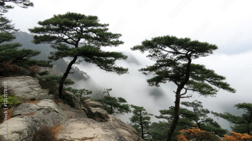 Poster trees cling to rocky slopes enveloped in ethereal misty clouds