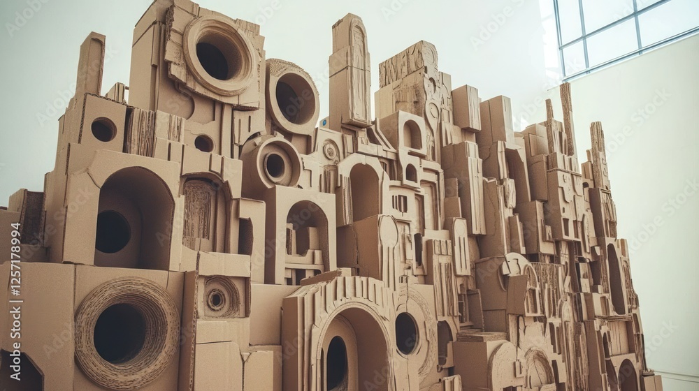Poster intricate cardboard sculpture resembling abstract city architecture is displayed indoors