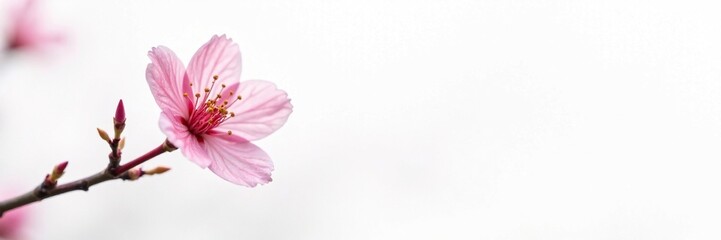 Obraz premium Single pink cherry blossom on a twig against a white background, delicate flower, blossom branches