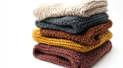 Stacked autumn-colored knit sweaters on white background; cozy fall fashion