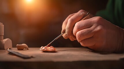 Obraz premium Skilled artisan meticulously crafting a detailed sculpture in a rustic workshop, with warm lighting