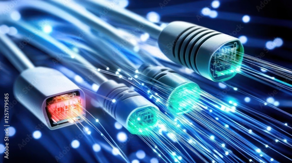 Poster fiber optic cables transmitting data with colorful light streams