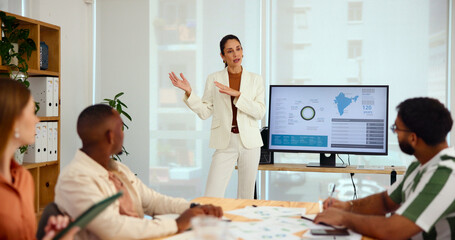 Business, woman and talk for presentation in office of global finance, risk management and...