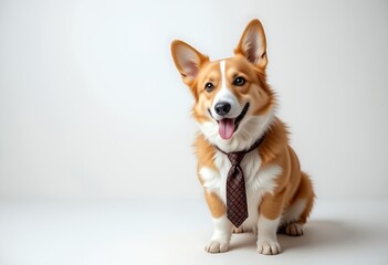 Adorable corgi dog in a stylish tie with a friendly smile against the background of a minimalist interior