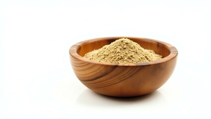 asafoetida hing placed in a rustic wooden bowl, isolated on a pure white background with a precise clipping path