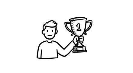 Fototapeta premium Man Holding Up Trophy Number One Achievement Hand-Drawn Illustration