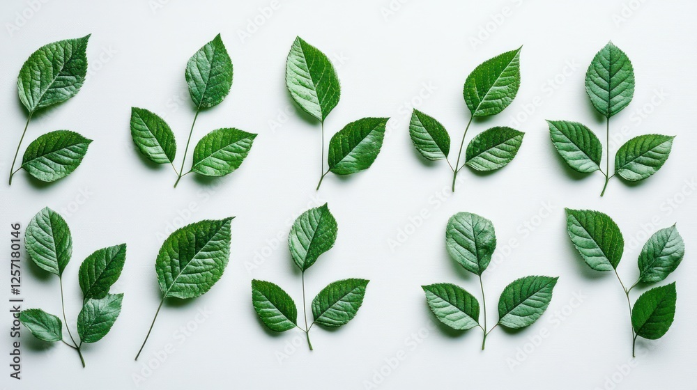 Poster isolated green leaves arranged in a pattern on white backdrop