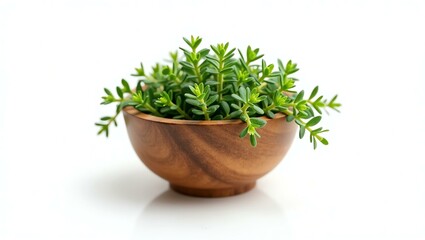 thyme placed in a rustic wooden bowl, isolated on a pure white background with a precise clipping path