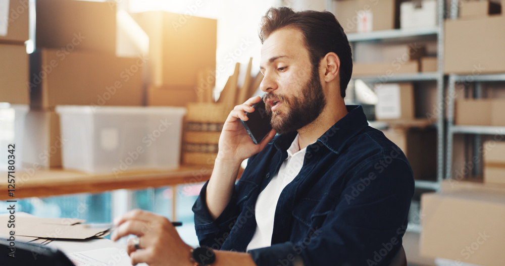 Poster business boxes, distribution and man with phone call for online order, delivery tracking or inventor