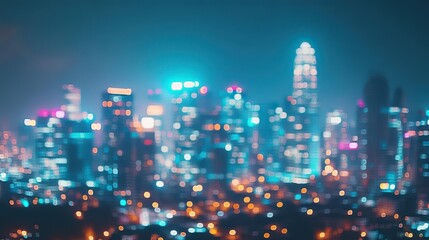 Fototapeta premium Illuminated city skyline at night with bright lights and dark sky