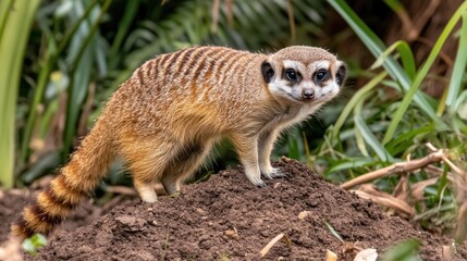 A slender meerkat perched atop a small mound of dirt