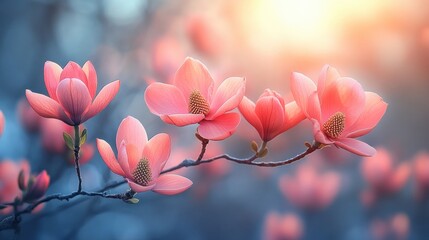 Delicate pink magnolia flowers blooming on a branch, softly illuminated by warm sunlight in spring