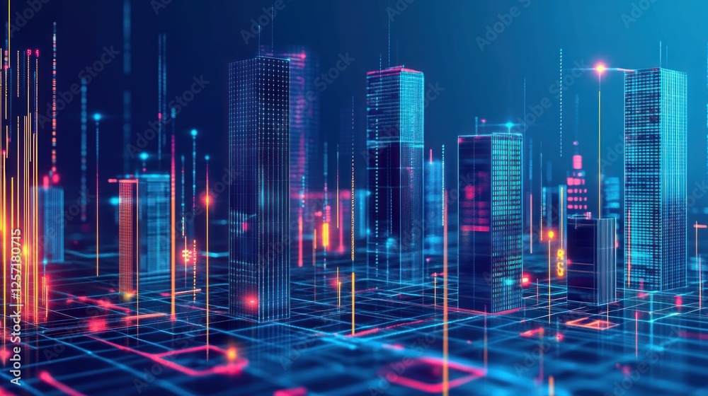 Poster futuristic digital city skyline with glowing grid and structures