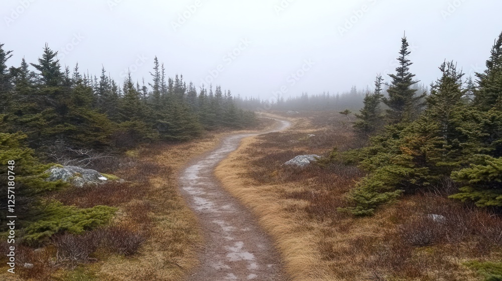 Poster curving path leads into a foggy coniferous forest scenery
