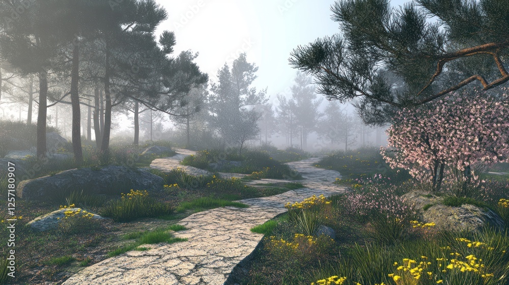 Poster path winding through foggy forest with wildflowers and flowering tree
