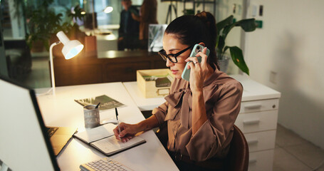 Phone call, writing notes and business woman in office for client appointment, schedule or booking...