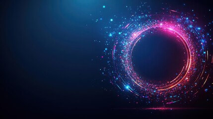 Neon light circle display in dark background with bright colorful illumination and glowing effects