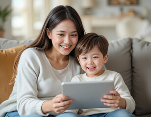 Fototapeta premium A joyful young mother and her little son sitting on a cozy sofa, watching a cartoon on a tablet with warm smiles in a softly lit living room.