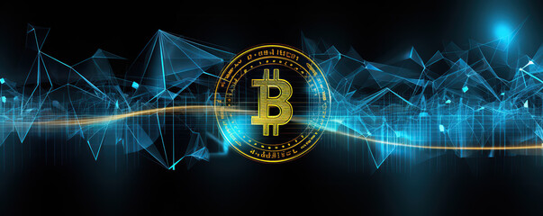 Cryptocurrency graphics featuring Bitcoin symbol with abstract futuristic elements and digital waves