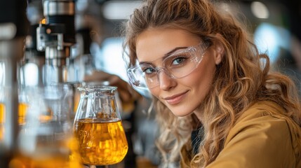 Young scientist examining a golden liquid in a laboratory