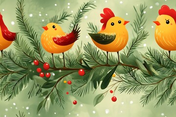 Fototapeta premium Festive Birds on Christmas Branch