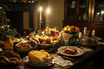 Delicious Holiday Feast with Roasted Vegetables, Fresh Bread, and Cozy Table Setting for Family Gatherings