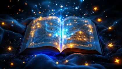 Magical Open Book with Glowing Stars and Celestial Dust - Fantasy, Enchantment, and Dreams