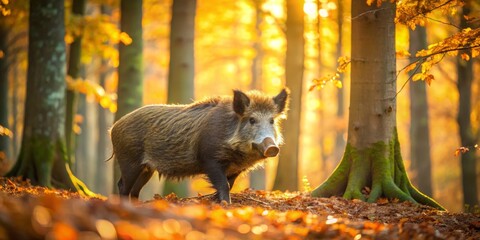 Majestic Wild Boar Roaming Through a Colorful Autumn Forest