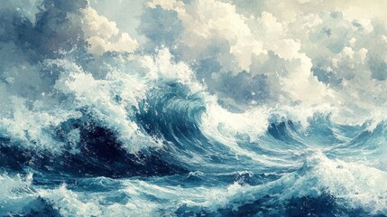 Dramatic ocean waves crashing under stormy sky, artistic painting
