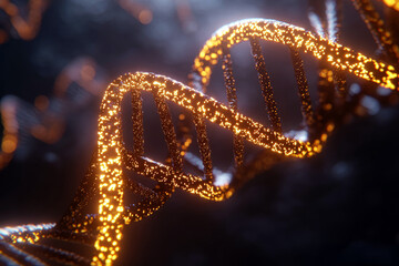 Futuristic glowing DNA strand with digital particles