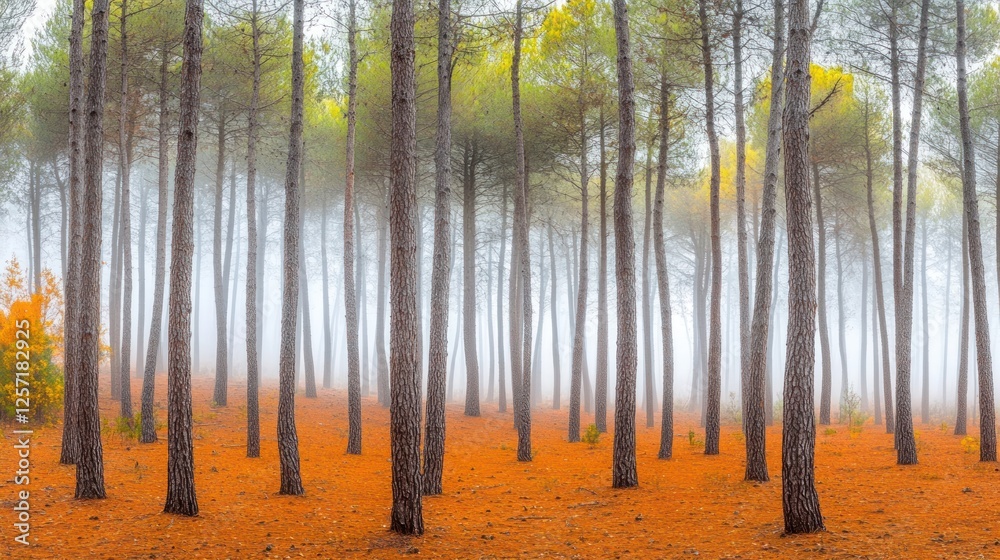 Poster pine tree forest enveloped in fog during the autumn season