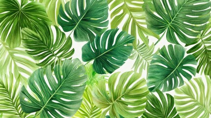 Lush green monstera and palm leaves create a tropical scene