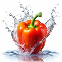Red Bell Pepper Splashing in Water - A red bell pepper splashing into water, with droplets surrounding it, showcasing its freshness and vibrant color.

