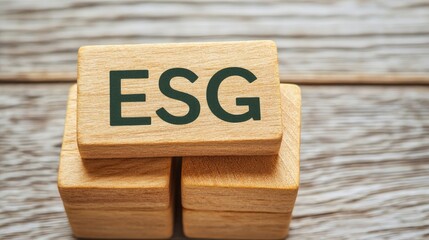 The image features wooden blocks with the letters "ESG" prominently displayed, representing Environmental, Social, and Governance criteria in business.