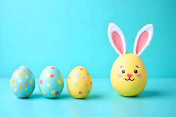 Obraz premium Joyful Easter Celebrations: Festive Eggs and Bunny Decor on a Blue Background - A Vibrant Holiday Greeting