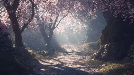 Mystical cherry blossom path, sunlit forest, tranquil scene, game background