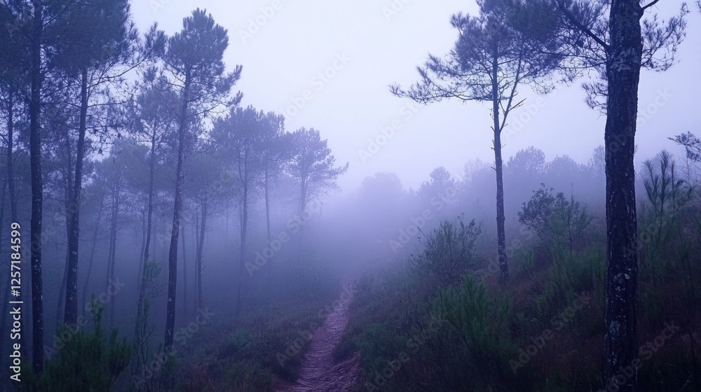 Aufkleber Foggy path through tall trees in an ethereal forest