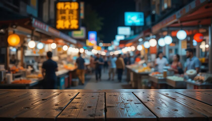 Obraz premium A vibrant, blurred night market with food stalls, featuring a simple wooden counter in the foreground. Ideal for food photography.