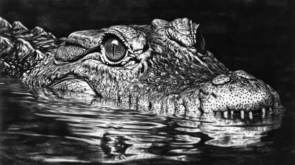 Obraz premium Detailed monochrome drawing of an alligator emerging from the water