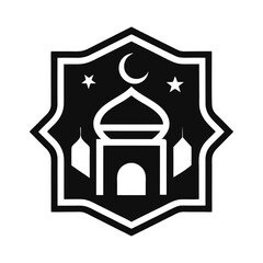 Mosque Icon: A simple yet powerful black and white silhouette of a mosque with minarets and a crescent moon, symbolizing faith, spirituality, and the architectural beauty of Islamic design
