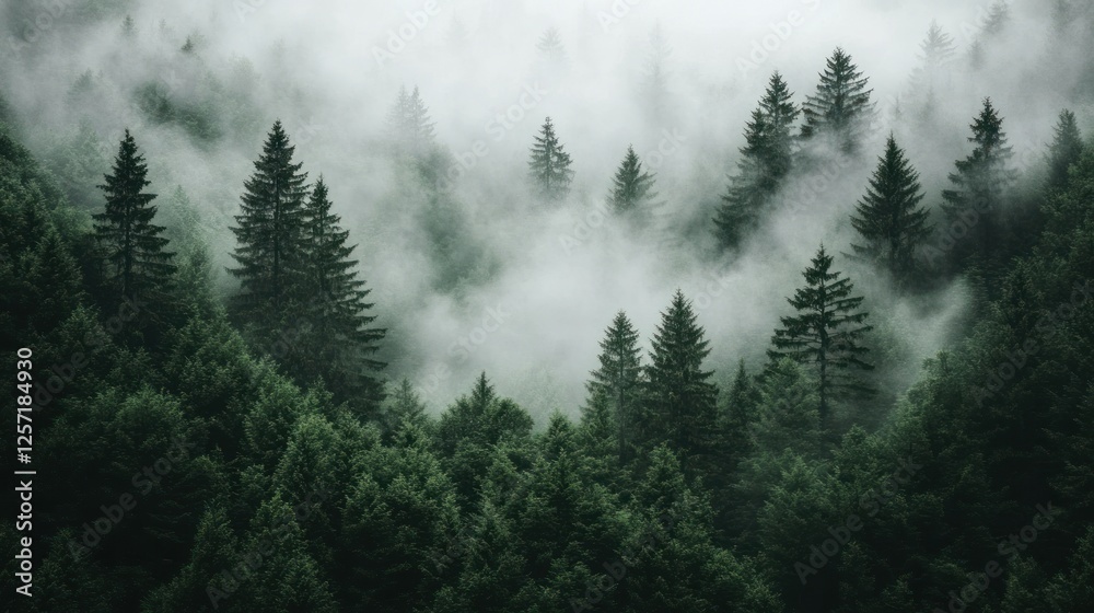 Poster dense evergreen forest shrouded in atmospheric fog and mist