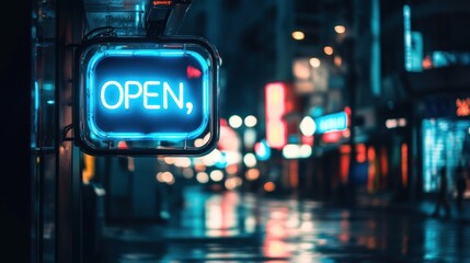 Neon Open Sign in a Night City