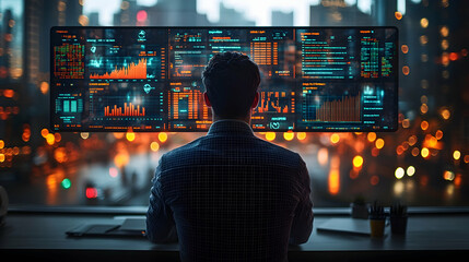 Illustration - Financial Data Analysis Dashboard Display Analytics Charts Futuristic Technology Big Data Businessman Working Late Night City View