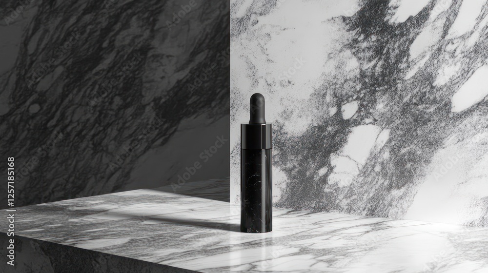 Poster black dropper bottle is displayed on marble patterned surface