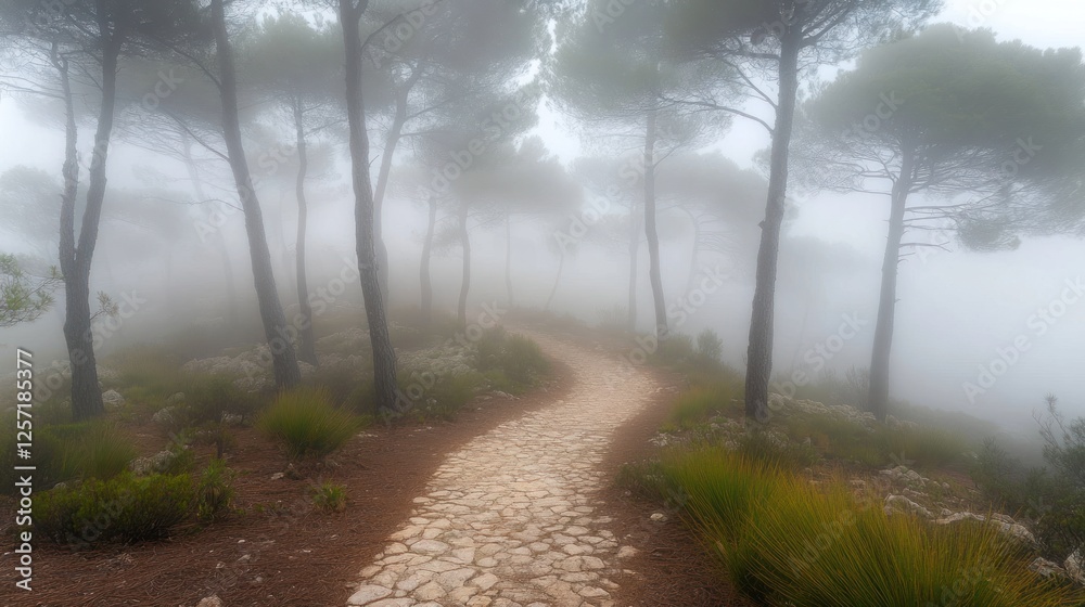Poster foggy path winds through a forest of tall trees