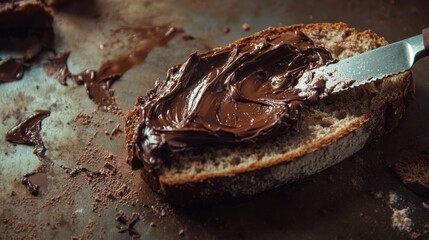 A knife smears chocolate spread on a slice of bread. 
