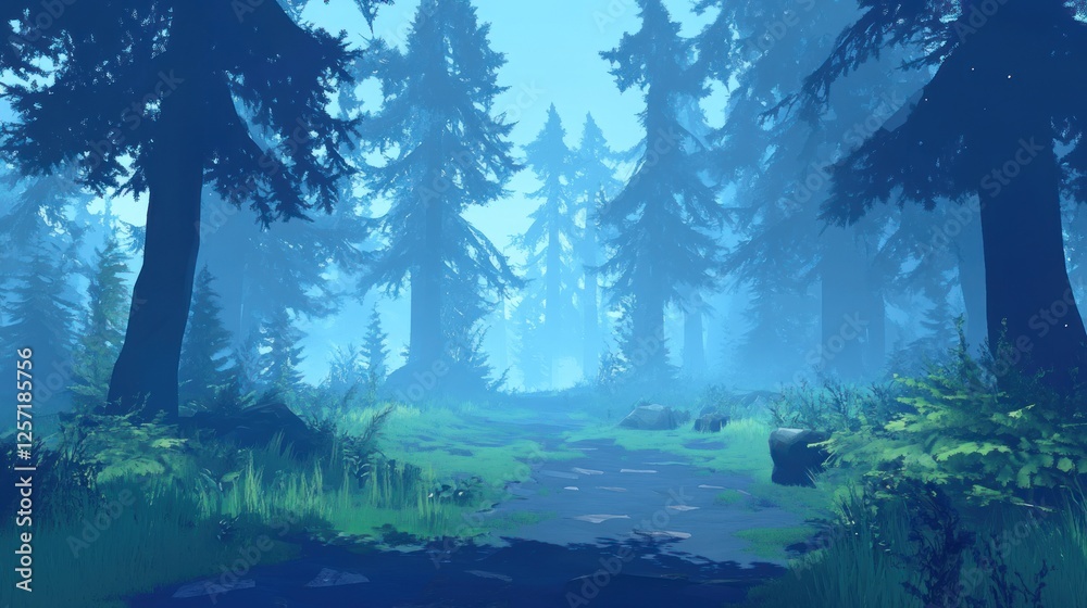 Poster tranquil forest path shrouded in mist and tall evergreen trees